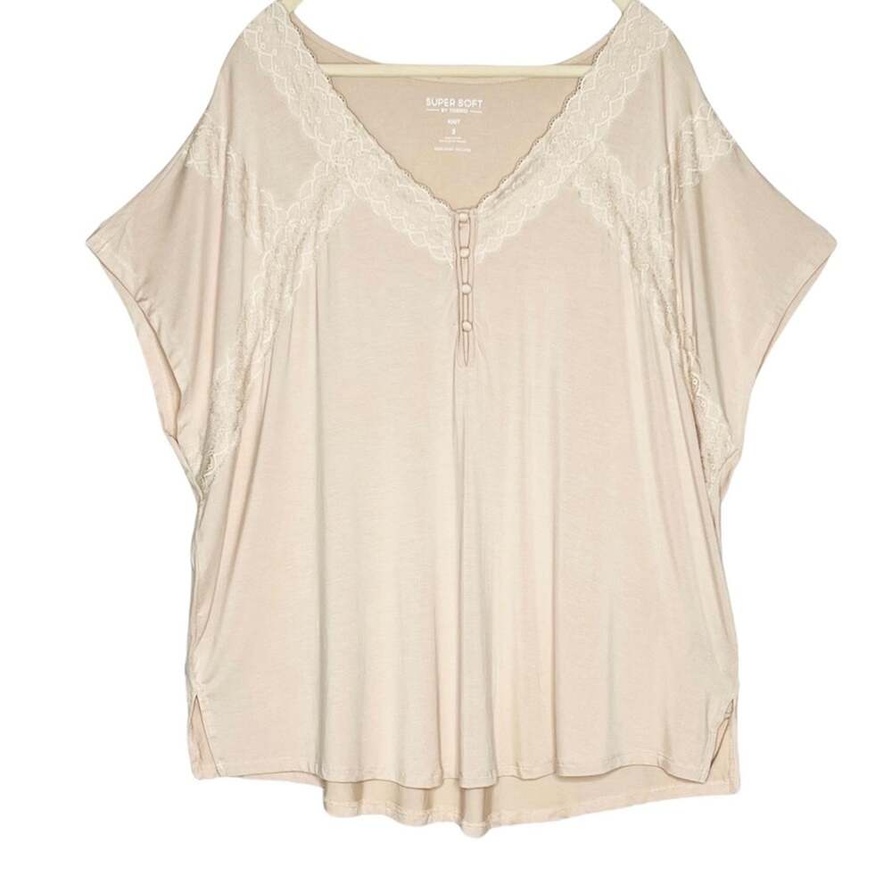 NWT Torrid Super Soft Jersey 3X 22 24 Henley Top Lace Trim Smoke Gray Beige